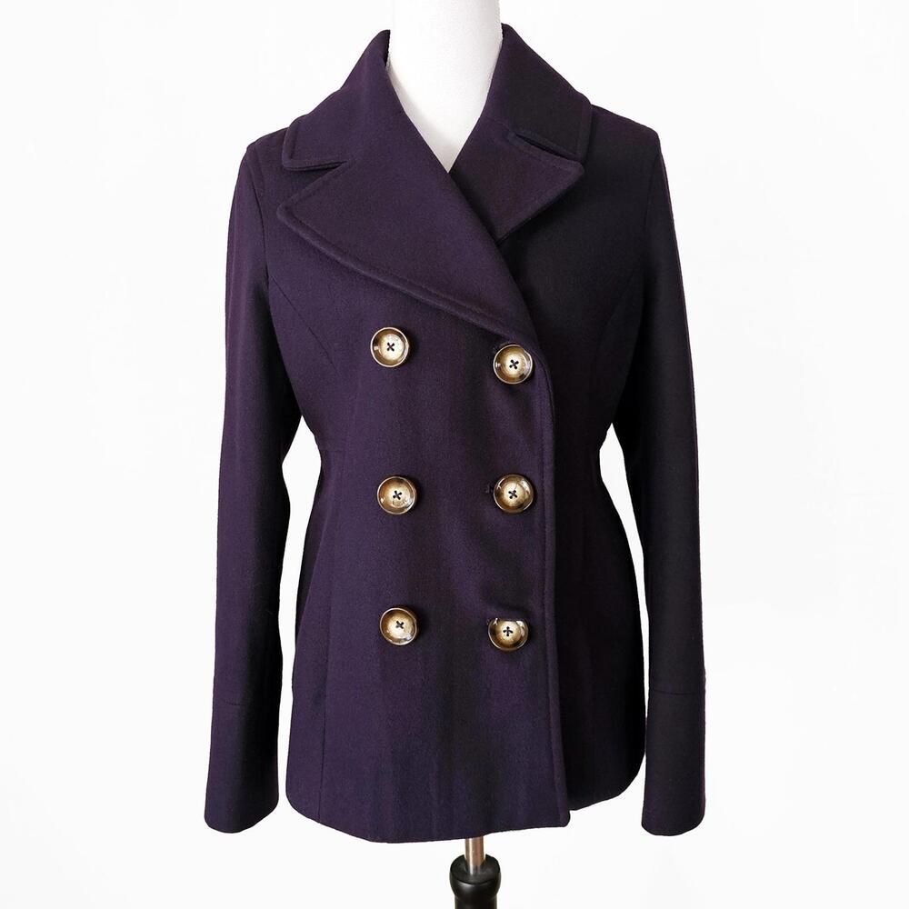 Michael Kors Medium Purple Wool Blend Pea Coat with Double-Breasted Buttons